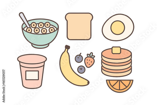 Breakfast food collection featuring cereals, fruits, and pancakes