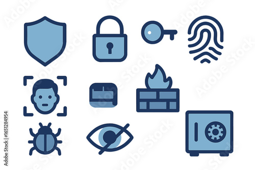 Collection of security icons: shield, lock, key, fingerprint