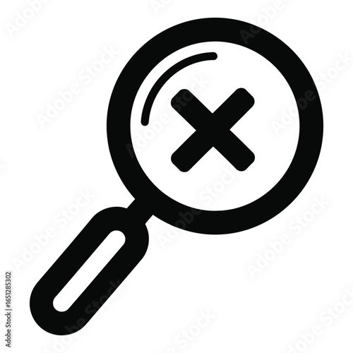 Magnifying Glass with Cross Symbolizing Error Problem or Mistake Investigation Black and White Simple Icon Illustration