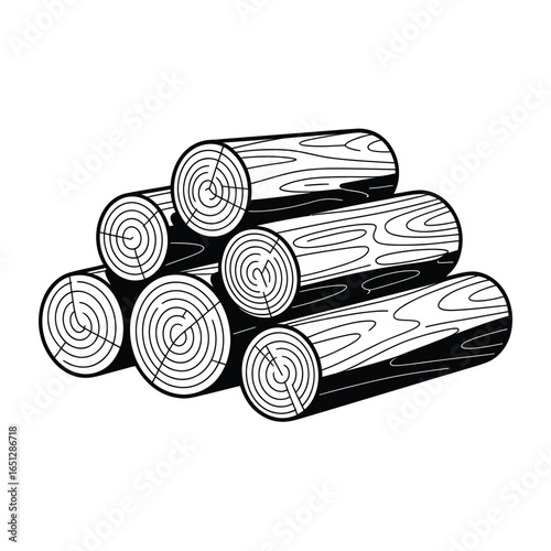 Stack of rough cut wooden logs in black and white drawing