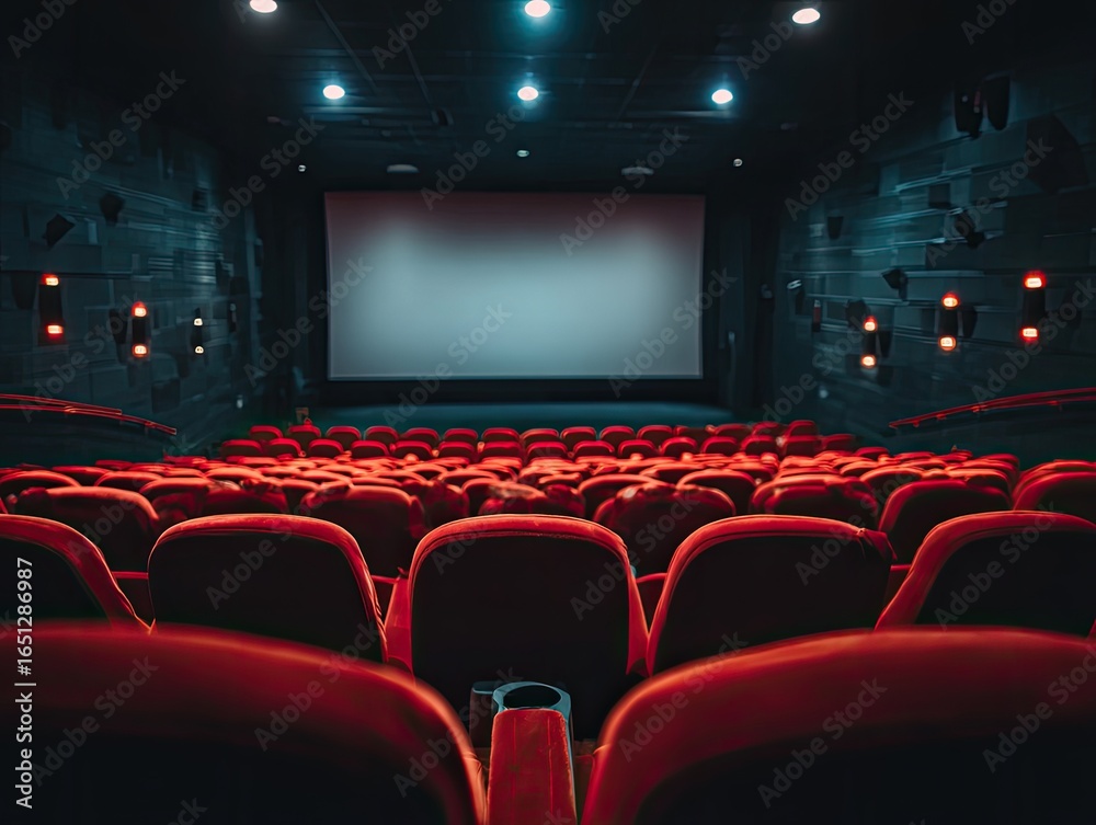 Fototapeta premium Empty movie theater interior with red seats and a blank screen