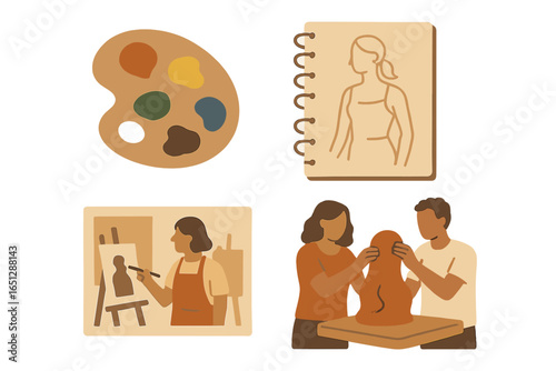 Creative process of art with painting and sculpting activities