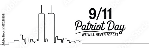 Minimalist line art of New York skyline with Twin Towers and “9/11 Patriot Day – We Will Never Forget” tribute text for remembrance design