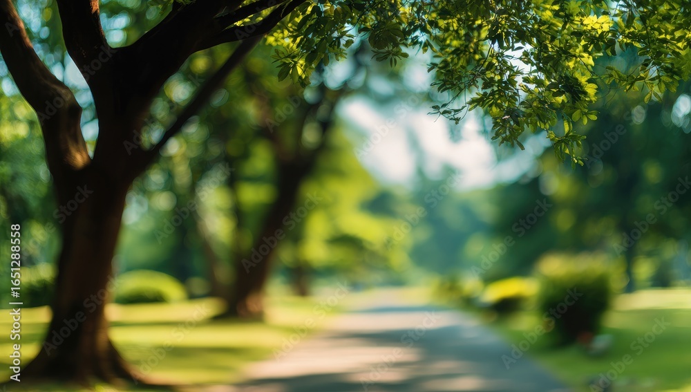 Fototapeta premium Park path with trees. Blurred view of a park path shaded by trees