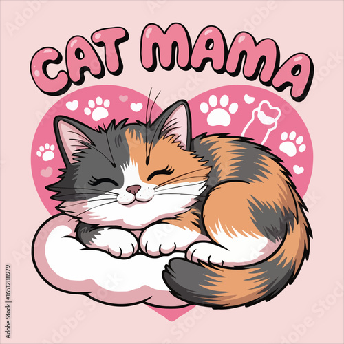 Cute calico cat mama sleeping peacefully silhouette