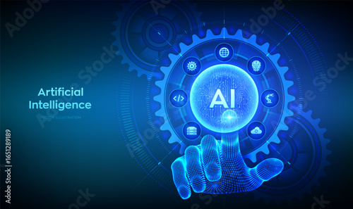 AI. Artificial Intelligence. Machine Learning. Neural networks. Wireframe hand touching holographic sphere with circuit board pattern. Interface with connected gears and icons. Vector illustration.