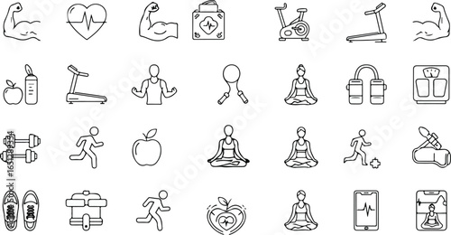 Fitness and healthy lifestyle web icons set in linear style. Sport and exercise icons for mobile and web app.Minimalist Line Icons Set of Health, Fitness, and Wellness Activities