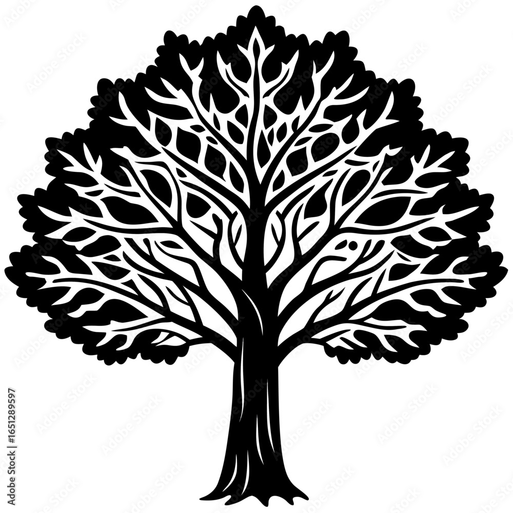 Obraz premium Silhouette of an oak tree with branches and leaves isolated on white background