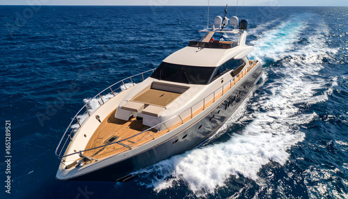 Luxury Motor Yacht Sailing Across Deep Blue Ocean Water Under Bright Sunlight Showing Wooden Deck and White Wake