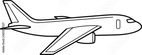 A black and white drawing of a passenger airplane in flight.