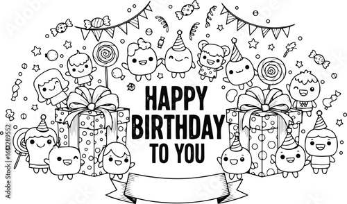 A black and white illustration of a happy birthday scene with cute characters and wrapped gifts present