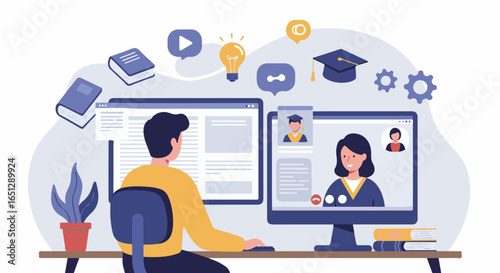 Man learning online via computer with a female instructor displayed on the screen. Books and icons float around the scene.