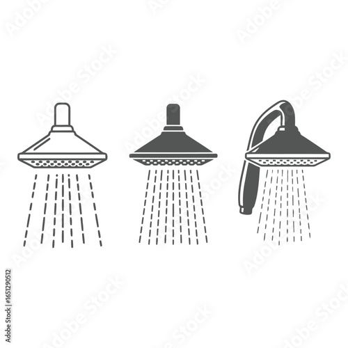 Shower Head Vector Icons Set with Water Flow Minimalist Design for Bathroom Fixtures and Plumbing Services