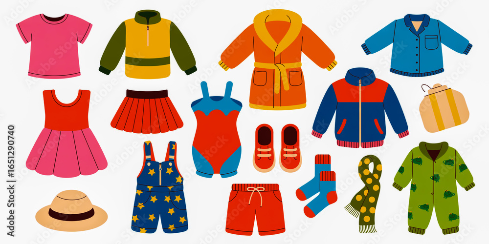Fototapeta premium Colorful Collection of Children's Clothing and Accessories for Various Activities kids fashion