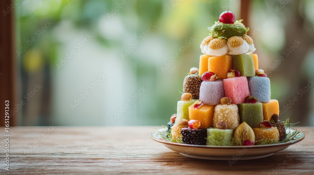 Fototapeta premium Colorful assorted fruit and candy stacked dessert cake with fresh berries and tropical fruits on a ceramic plate