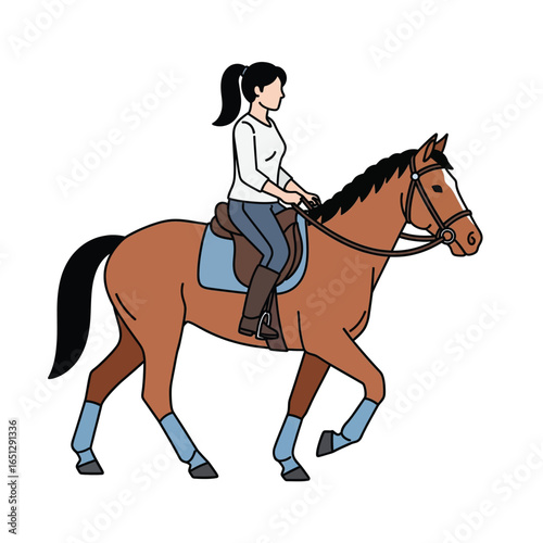 Coloring Vector illustration of woman riding a horse in a field, equestrian sport and activity