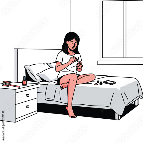 Coloring Vector illustration of young woman painting her fingernails while sitting on the bed