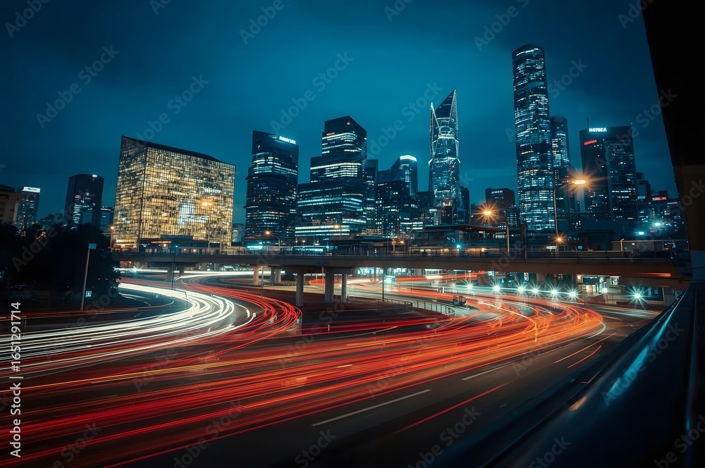 Obraz premium Urban Highway with Car Light Trails and City Skyline at Night