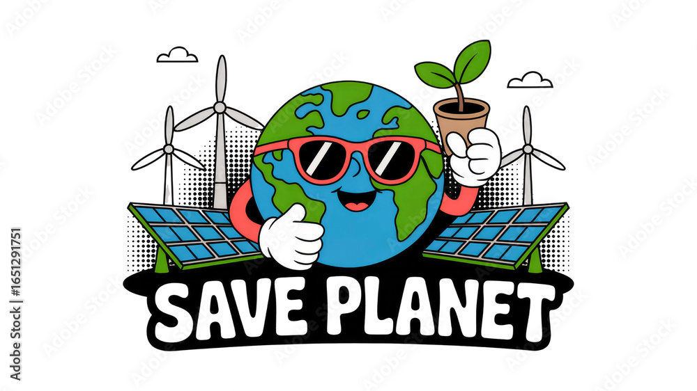 Fototapeta premium Happy Earth Character Promoting Renewable Energy and Environmental Conservation