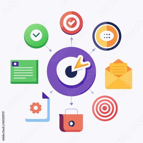 Strategy and Planning: A captivating graphic portraying strategic planning, featuring a central target surrounded by various icons representing goals and objectives.