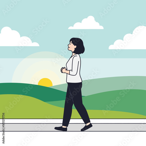 Coloring Vector illustration of woman walking outdoors in a park during a peaceful sunrise morning