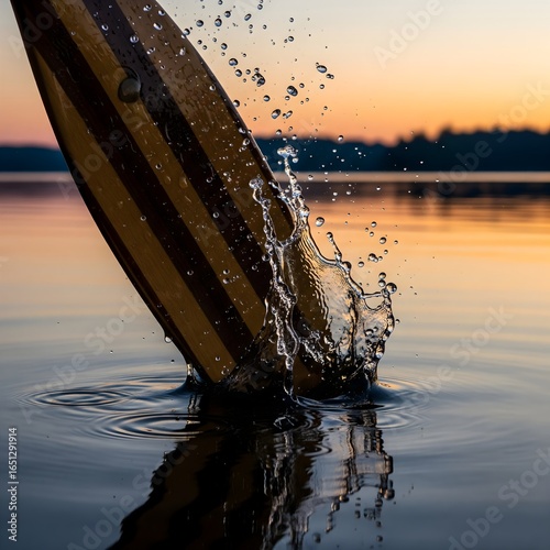 Paddle Splash at Sunset: A wooden paddle slices through water, creating a splash of droplets against the tranquil backdrop of a sunset over a lake.