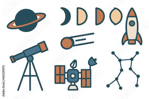 Discover space through telescopes and rockets in vector art