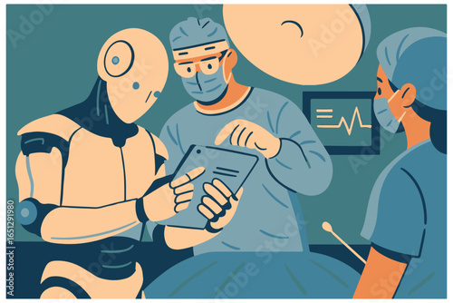 Robot Assisting Doctors in Surgery with Digital Tablet Illustration