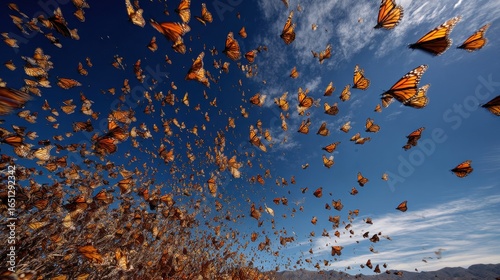 Monarch butterflies flying in Mexico, with blue sky. Migration concept imagery
