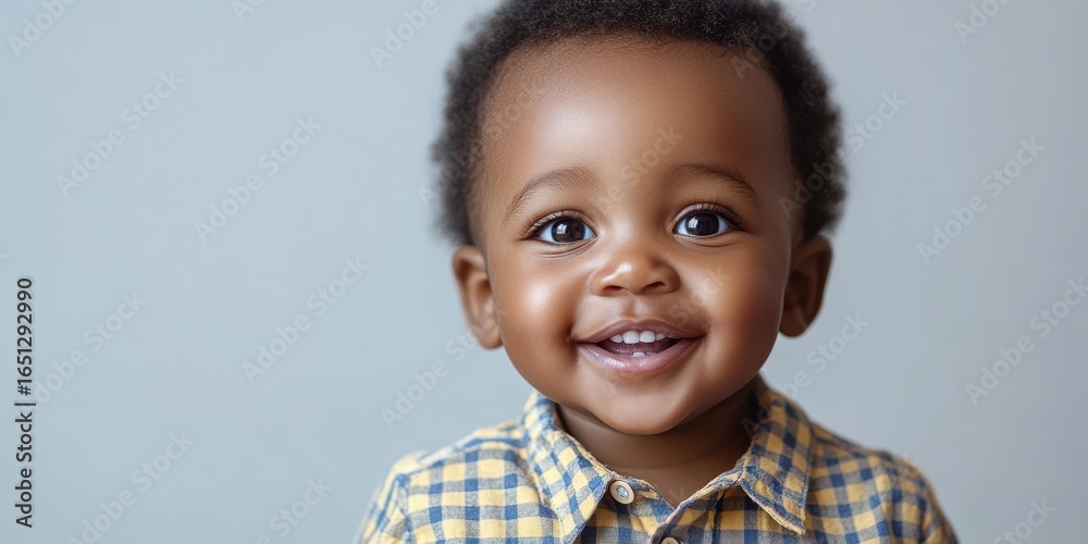Joyful toddler with beaming smile wearing checkered shirt against light gray background Joyful toddler with beaming smile wearing checkered shirt against light gray background