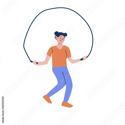 Female cartoon character skipping rope in athletic wear.