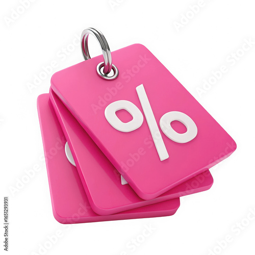 Stack of bright pink sale tags with white percentage symbols. Retail discount tags isolated on transparent background.