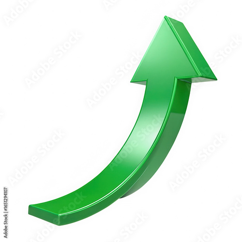 Curved glossy green arrow symbolizing upward growth. 3D vector graphic isolated on transparent background.