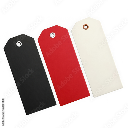 Trio of rectangular paper gift tags in black, red, and off-white. Minimalist design isolated on transparent background.