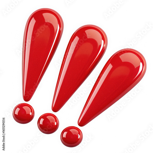 Three glossy vibrant red exclamation marks isolated on transparent background. Three reflective red exclamation symbols arranged diagonally. Highly polished red warning symbols with soft lighting.
