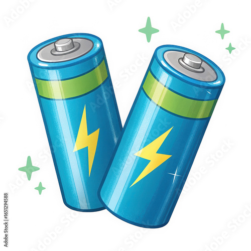 Two electric blue AA batteries isolated on transparent background. Cartoonish batteries with lightning bolt symbols. Vibrant power-themed illustrated batteries.