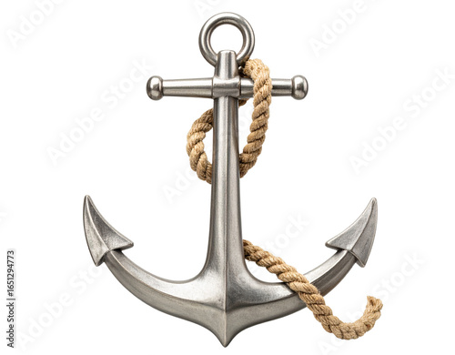  “Classic Metal Anchor with Coiled Rope, isolated on transparent background”.