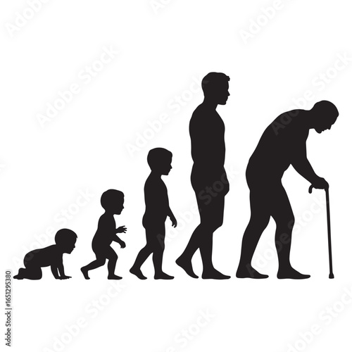Stages of Human Life Development from Baby to Old Man Silhouette Isolated on White Background Illustrating Aging and Time