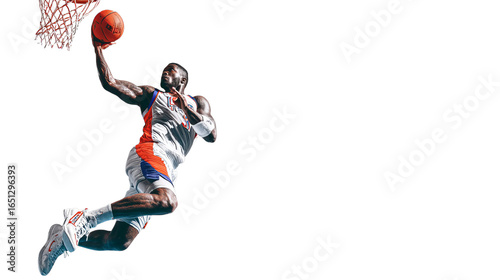Male basketball player soaring through the air to dunk the ball with intense focus and athleticism.