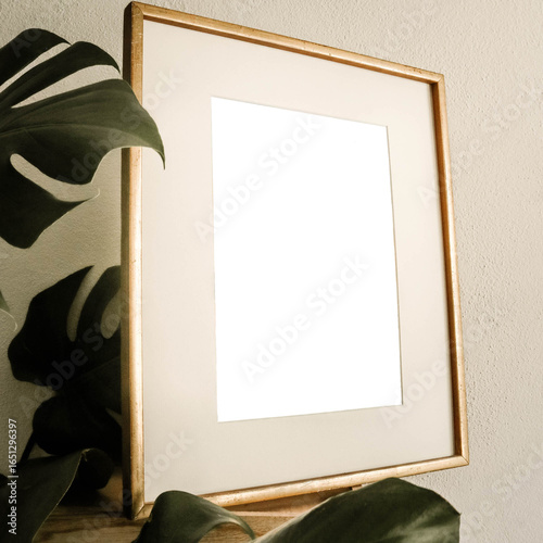Antique Thin Gold Frame Mockup with Monstera Plant on Minimalist Wooden Shelf – Elegant Vintage Wall Art Display for Interior Design & Branding Presentation