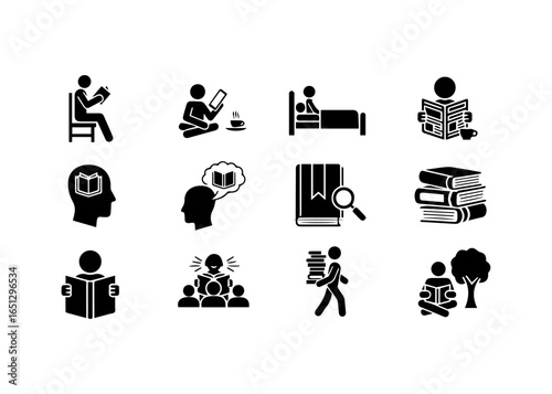 Diverse People Reading Books and Learning Icons
