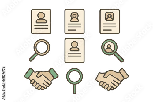 Vector illustration of job search concepts with resumes and handshakes