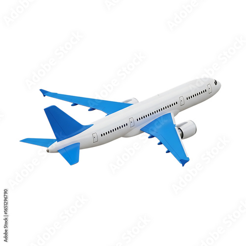 Modern Passenger Airplane Flying in the Sky for Business Travel and Vacation Tourism with White Fuselage and Blue Wings on Black Background