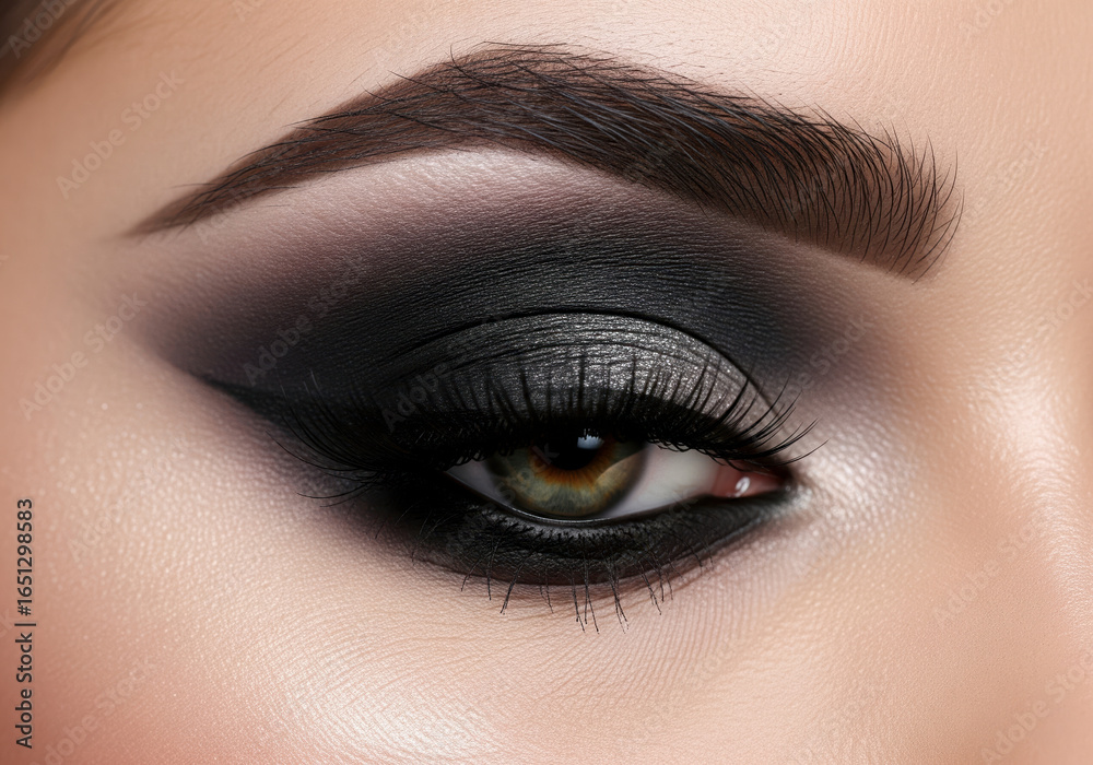 Obraz premium Close-up reveals bold smokey eye makeup blending charcoal shades with shimmer