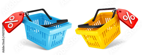 Shopping basket set with price tag, percentage tag or discount coupon for profitable purchases. Sale, shopping online, loyalty program and retail commercial concept. 3d Isolated Vector illustration