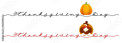 Thanksgiving Day lettering set. Inscription by continuous line with pumpkin or cartoon turkey. Elegance and unusual design for Thanksgiving holiday celebration. Isolated Vector illustration