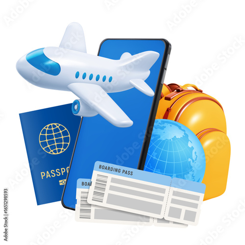 Time to travel, booking online, conceptual banner template with 3d realistic white flying plane, smartphone, globe, passport, tourist backpack and air tickets. Isolated vector illustration