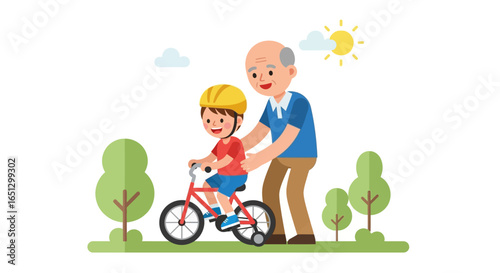 A caring grandfather teaches his young grandson how to ride a red bicycle with training wheels in a sunny park.