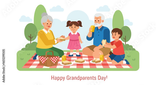 Grandparents and grandchildren celebrating Grandparents Day with a lovely picnic in the park.