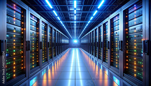 Illuminated Server Room Corridor with Rows of Racks and Bright Blue Overhead Lighting